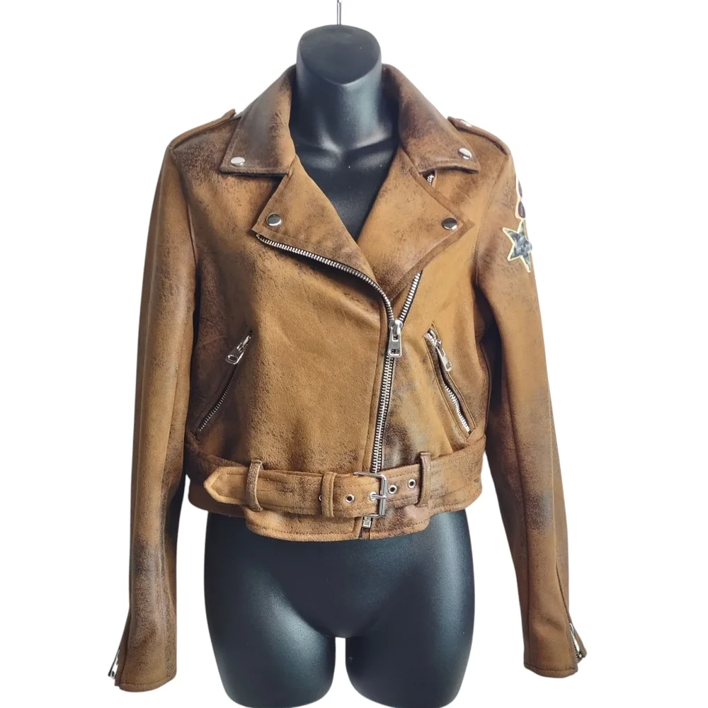 Bershka Women's Size Medium Brown Faux Suede /Leather Cropped Jacket ZIP Up Belt - Picture 1 of 8